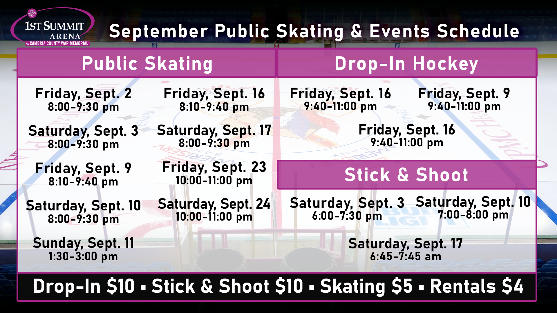 September Public Skating & Ice Schedule - 1ST SUMMIT ARENA @ Cambria